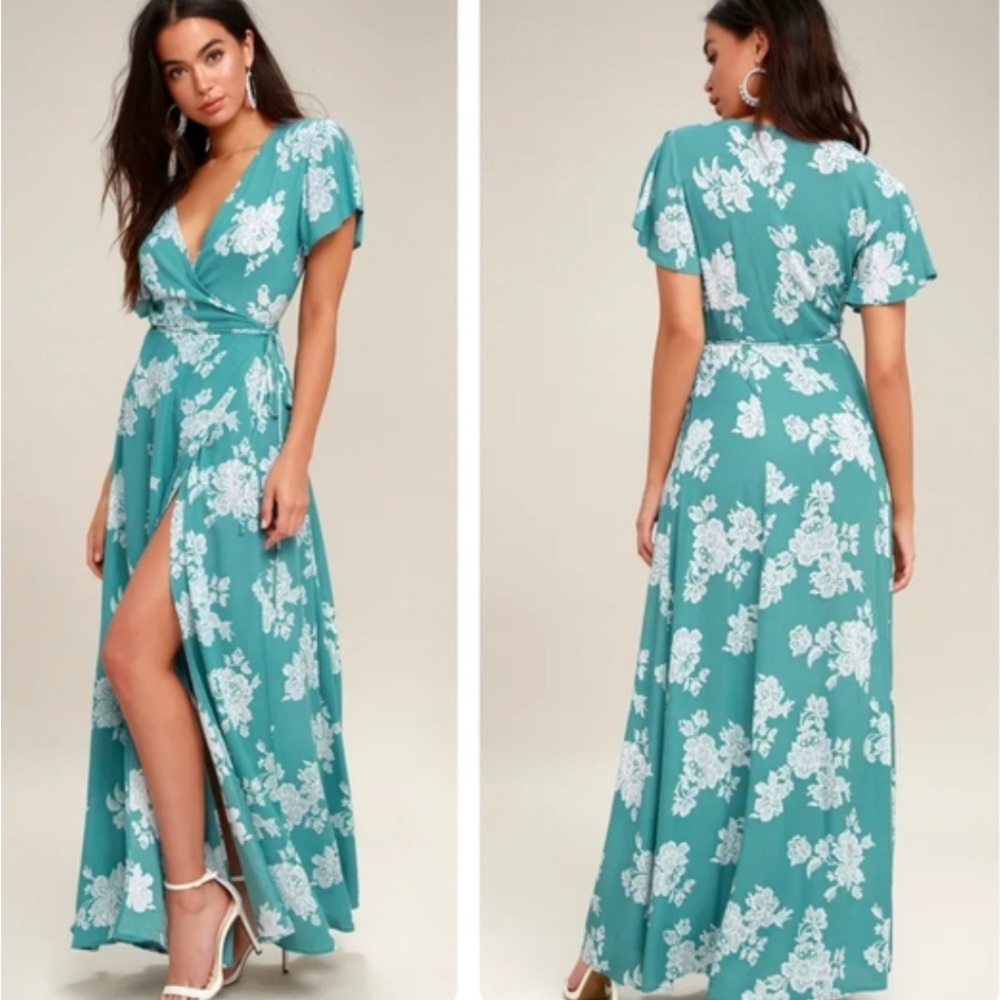 Lulus Blue and White Turquoise teal Floral Print Wrap Maxi Dress Blue Me…